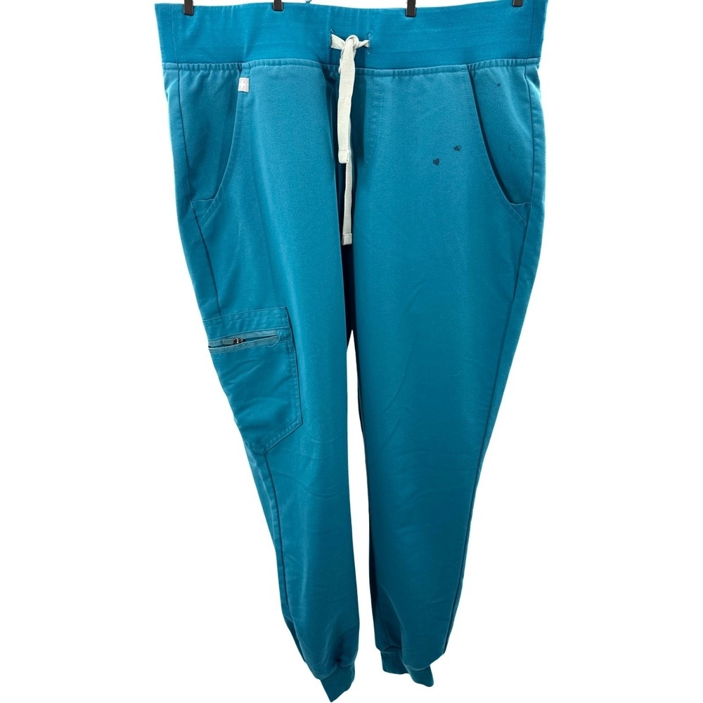 FIGS Zamora Jogger Pants‎ Size S Teal Scrub Mid Rise Cargo Pocket Zip Flawed